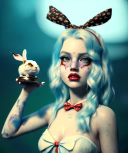 Ultra realistic wonderland photo, hot, happy blonde Alice woman and white rabbit smoking a pipe, blue dress, circus dress style, black headband with bow, old school tattoo, smoke, marijuana garden, glow eyes, perfect iris, soft color, highly detailed, unreal engine 5, ray tracing, RTX, lumen lighting, ultra detail, volumetric lighting, high definition.