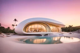 An organic banana-shaped house seamlessly integrated beside beach with pastel hues during sunset, modernist architecture with large curved windows, casting warm sunlight on the structure, emphasizing its sleek design and blending with the natural surroundings, Architectural photography, real photography, photo real
