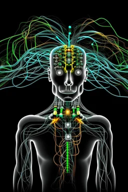 A computer chips and electronic components are connected by neurones human body by head with tube to a live sustaining system