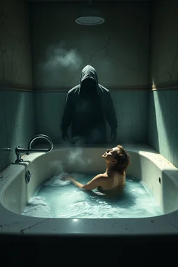 "A very old paints cracked abandoned bathroom , a woman taking a bath in a half full of water and fumes in the tub , a shadow of dark hooded creature standing in front of her and she opened her mouth screaming, insanely detailed octane render trending on artstation, 8k artistic photography, photorealistic concept art, soft natural volumetric cinematic perfect light, chiaroscuro, award-winning photograph, masterpiece, oil on canvas, Raphael, Caravaggio, Greg Rutkowski, people, beksinski, Giger