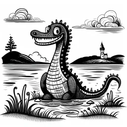 Make black and white cute drawing of the Loch Ness Monster with black bold lines. Only outline, no grayscale. A cute and friendly Nessie popping out of a Scottish lake, with rolling green hills and a castle in the background. Nessie could have a playful expression and a few water lilies on her back.