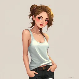 a pretty girl, skinny, relaxed, casual, tank top, digital art, stylised