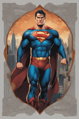 Superman. In a new, sophisticated suit decorated with a Mandala pattern. Strong, fit body. Muscles. A cinematic scene. A destroyed city scene