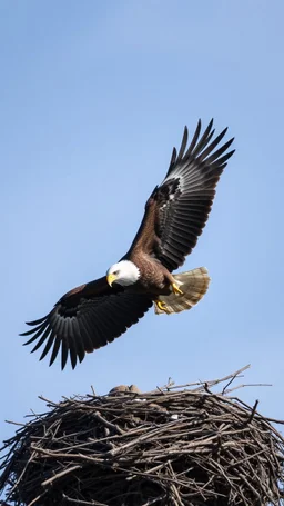 A huge eagle hovering over a nest