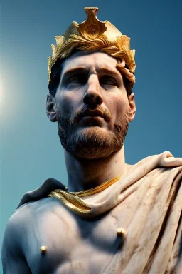 Realistic image, Roman sculpture made in white marble with gold veins, Lionel messi with gold laurel leaves crown, decorative star on the chest, waist up portrait, marble material, gold ornaments, Baroque style, sun rays background, epic, celestial, cinematic lighting, God lights, 4k resolution, smooth details, soft lighting, unreal engine 5, art station, substance 3d.