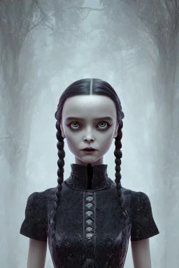 Portrait de Wednesday Addams , hdr, très réaliste , très intriqué, très détaillé , très précis 16k, angle parfait, figure de cinéma, arrière plan d'une gare de chemin de fer, octane effect, rendering 3d, unreal engine, cinema 4d