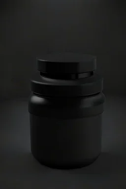 black container, plastic, realism, with screw lid, no labels, round container, view from the front, protein powder, dark studio setting, black background