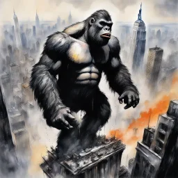 brush stroke Watercolor and ink illustration, Epic, long shot perspective of King Kong atop the Empire State Building in 1930's New York City, art by luis royo and greg mumford, trending on artstation, dynamic composition, graffiti art splash art, colorful polychromatic, ink leak, rough strokes, complex contrast, CGSociety, 3d shading