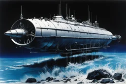 [high res photo by Jean-Paul Riopelle (1967)] Ultimate design for the heavily armed SCUBA scout, a submarine high impact vehicle. at the bottom of the deep ocean