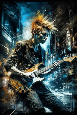A ultra realistic poster of a cool guy playing electric guitar , having word sign as “street art ”, by Daniel Castan Carne Griffiths Andreas Lie Russ Mills Leonid Afremov, black background, fine lines draw, smile, standing in the temple