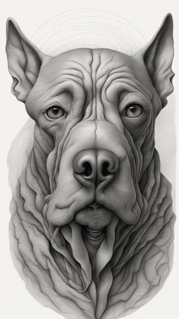 ππ§π€π’π₯π© highly detailed graphite illustration, A dog face with exaggerated anatomical features, heavily wrinkled skin, and an intense, contemplative expression. bald head, thick eyebrows, long beard merge into swirling abstract shapes. Large, expressive hands, one covering the mouth and the other gripping the forehead tensely. Mysterious, introspective, dreamlike, somewhat dark fantasy. #ππ§πart #prompt