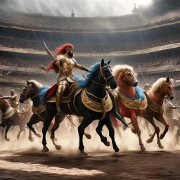 But wait. A new idea forms. In ancient Rome, a grand carousel of gladiators and gladiatrix spins under the sun in the arena. As rain falls, men and women ride beasts and fantastic animals in a hypnotic rhythm, creating a mesmerizing scene of ancient valor and beauty. The clash of swords, the thunder of hooves, the swirling colors paint a living tapestry of Roman legend that captivates all who witness it.