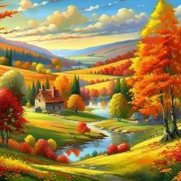 a beautiful, idyllic countryside landscape painting. The scene depicts a serene autumn setting with a large tree with vibrant orange and red foliage in the foreground. There's a winding path leading to stone cottages near a tranquil river or lake. The landscape includes rolling hills with fields, more cottages in the distance, and mountains on the horizon. Colorful wildflowers bloom in the foreground, adding to the picturesque nature of the scene. A small boat can be seen on the water. The overa