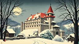 Japanese woodblock print of a European Castle in winter