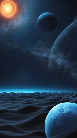 Blue Galaxy , the solar system and the sun in the middle of the planets , surrounded by neon Blue and Black fog, 3D, trippy, spooky. Stunning environment, beautifully lit, insanely detailed