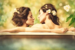 double exposure contented beautiful brunette in a big foam spa bathtube spa things, greenery and flovers, candles, plush towels, soft colors, in sunshine merged layers waterfall heart and love: burlap battery corrosion golden patina watercolor and glittering ink