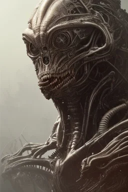 evil predator with crown, alien, brutal face, tron, head, burn eyes, 8k, finely detailed, dark light, photo realistic, hr giger, cyberpunk