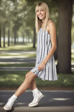 realistic stock photo, Realism engine, General Fast V2 (Flux), Create a realistic image of a female with long, straight blonde hair, the bangs cut straight across the forehead, hazel eyes, wearing a sleeveless, strapless, blue and white-striped nylon extremely short mini dress with a plunging neckline, knee high white socks and black converse tennis shoes, happy facial expression