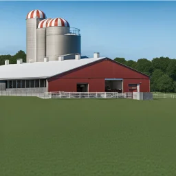 a modern Dairy barn in front of concrete dairy siloes, grass bottom front with a Holstein cow(1).