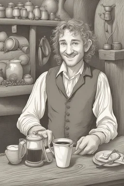 In the bustling Green Dragon inn, the hobbit barista worked tirelessly, though a smile never left his hairy face. For he possessed a deep and unusual love, even for a hobbit - his love was for the coffee bean. All around, the regular patrons of the inn shared in his passion. Groups of hobbits laughed and talked of roasts and varietals, debating which grew the plumpest or held the richest flavors. The air was thick with their enjoyment, the aroma of freshly brewed pots. Behind the counter, the ba