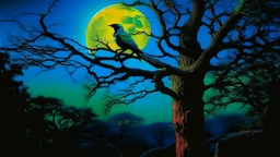 A vibrantly colored bird with blue, orange, and green plumage sits perched on a thick, textured tree branch. The branch is part of a larger, gnarled tree that dominates the left side of the frame. In the background, a large, luminous full moon hangs in a misty, twilight sky, with silhouetted trees forming a dense forest. Small, glowing lights are scattered throughout the branches and the background, adding a magical, ethereal quality to the scene. Two birds are in silhouette, flying near the moo