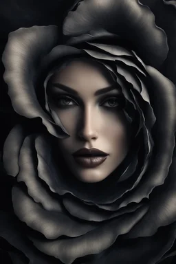 Close-up image of a beautiful woman's face inside of a black rose, Smoky, 8k quality, extremely realistic, gothic, exceptional creation, fantastic, highly detailed