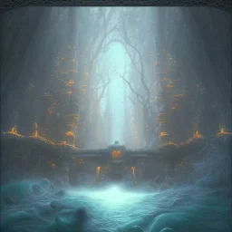 fantasy art, book cover, isometric big mad wizard in front of the ebony stairs, a bridge or dam ,icy water, on the bridge is a big hairy mad wolf