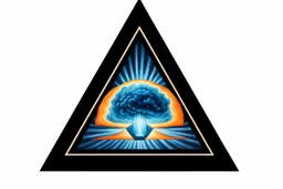 a nuclear explosion cloud, behind an orange glowing omega like shape, all inside an equilateral triangle, radiant lines, oil painting