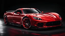 super sport car, perfect lines, red charry paint, shinning, lights on, racing tampos, black background, dodge viper influence, intrincate details.