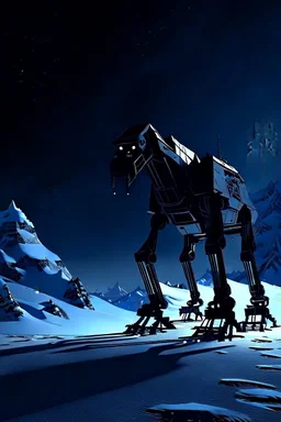 a silhouette of a sleek mechanical walker with eight legs scaling a very steep snow covered side of mout everest at night, it has a smooth surface, it has storage pods on its belly and humans can fit in the pods