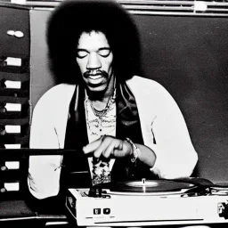 Jimi Hendrix at a turntable with headphones on being a DJ, cigarette