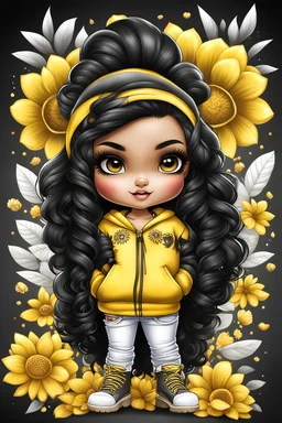 Create an airbrush illustration of a chibi cartoon Native Indian female thick curvy wearing a cut of yellow hoodie and black jeans and timberland boots. Prominent make up with long lashes and hazel eyes. Highly detailed shiny black curly hair. Background of Shiny black and white large flowers