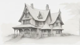 A front elevation fine line drawing of a fantasy wooden house reminiscent of the Burrow from Harry Potter
