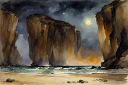 Night, rocks, cliffs, sci-fi, distant mountains, sea, waves, sand, seashore, epic, fantasy, john singer sargent watercolor paintings