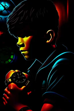 gimme a book cover photo which a boy 11 year old with dark hair has the timex stopped watch on wrist and he is in the dark