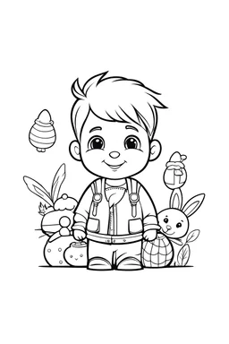 Coloring pages for kids, cardboard style, uncolored, white background, coloring page, design themed easter with a cute boy, coloring page for kids, full body portrait, cartoon style, clean line art middle detailed, white background, black and white, coloring book, free lines, 8k, no shadows, low detail, 2D, high resolution, middle outline, black and white vector art to color, simetrical eyes, perfect anatomy