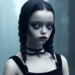 jenna ortega, wednesday addams hair style, make up, wednesday addams black dress, cinematic, wednesday style, hyper detail, 8k resulation