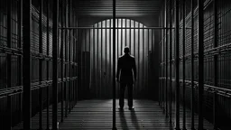 Parallels — endless prison bars, parallel lines, shadowy prison cell, hidden human figure with invisible face, dark cinematic atmosphere, existential symbolism, ultra realistic, pale light, psychological horror, masterpiece, high contrast, surreal realism, 8k