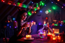 Glowing voluptuous Halloween vampire woman having a tea party in the haunted house attic. Colorful string lights and festive decorations create a spooky magical atmosphere