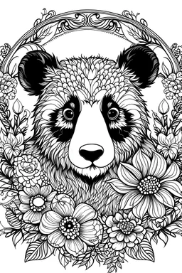 portrait of panda and background fill with flowers on white paper with black outline only, style mandala