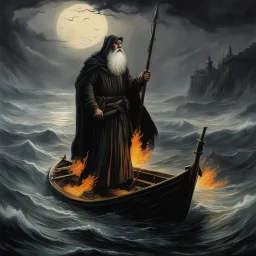 He guards those waters and those rivers, the horrible ferryman Charon, whose filthiness is frightening; on his chest falls a disheveled long white beard, flames gush from his eyes; a sordid cloak hangs from his shoulders, fastened with a knot: he himself steers his black boat with a hook, sets the sails and carries the dead in it, old now, but green and sturdy in his old age, as befits a god.