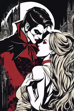 male vampire biting the neck of a young woman