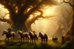 higly-detailed, epic landscape, highly detailed, perfect lighting, perfect composition, 4 k, artgerm, hudson river scool, victorian era, steampunk, big trees, horses, deers, forest