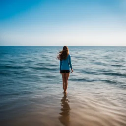 Exposure; A girls stands in the middle the sea. flat sky. water reaction movement. Landscape blurry.