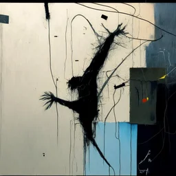 Minimal abstract oil painting of a falling person limbs sinew. Amongst concrete fragments brutalist architecture and hanging wires illuminated at night. In the style of Justin Mortimer and Phil Hale and Ashley Wood