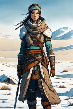 create a sketchy, hand drawn, full body, young, otherworldly lost Siberian nomadic female huntress concept art character, with highly detailed, sharply lined and deeply weathered facial features in a desolate tundra steppe landscape , in natural winter tundra colors, 4k