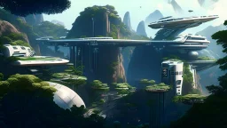 Many spaceliners docked at a huge busy spaceport, with gantries and walkways, setting into the side of a huge cliff, trees, vines and plants, Star Wars, Star Trek