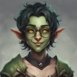 dnd, portrait of cute young orc-elf hybrid femboy, black hair, short hair, curled hair, hair covering one eye, emo hair, round glasses, tusks, sharp teeth, yellow eyes, flat chest, mage, magic, nose ring, pierced ears, twink, smile, sharp teeth, green skin, round face, small nose, shy