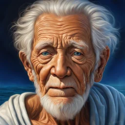 Un retrato hiperrealista de un anciano sabio con un rostro curtido. La textura de la piel está increíblemente detallada, mostrando cada arruga y línea de expresión. Los ojos son de un azul profundo como el océano, reflejando una vida de experiencias. La iluminación es suave y difusa, destacando el cabello plateado y los movimientos sutiles de una sonrisa tierna.