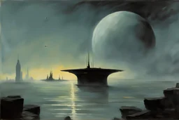 Grey blue sky, one exoplanet in the horizon, lagoon, distant buildings, mist, rocks, 90's sci-fi movies influence, cosmic future influence, trascendent, intergalactic influence, friedrich eckenfelder and alfred stevens impressionism paintings